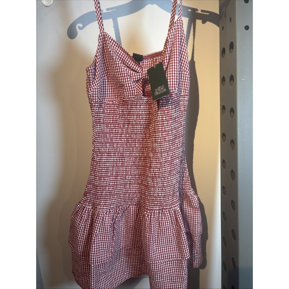 Wild Fable Crimson Gingham Smocked Tiered Ruffle Mini Dress Red White SZ XS NEW